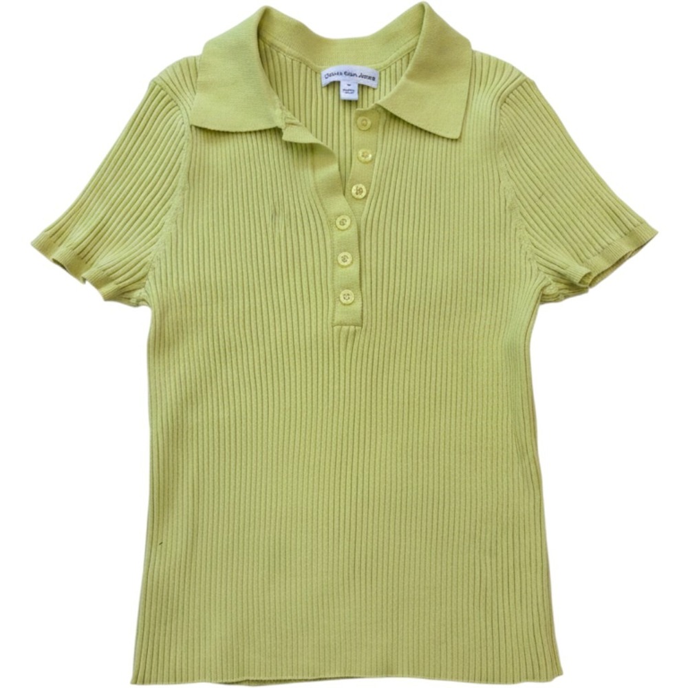 Calvin Klein Jeans Womens Lime Green Ribbed Knit Short Sleeve‎ Polo Shirt